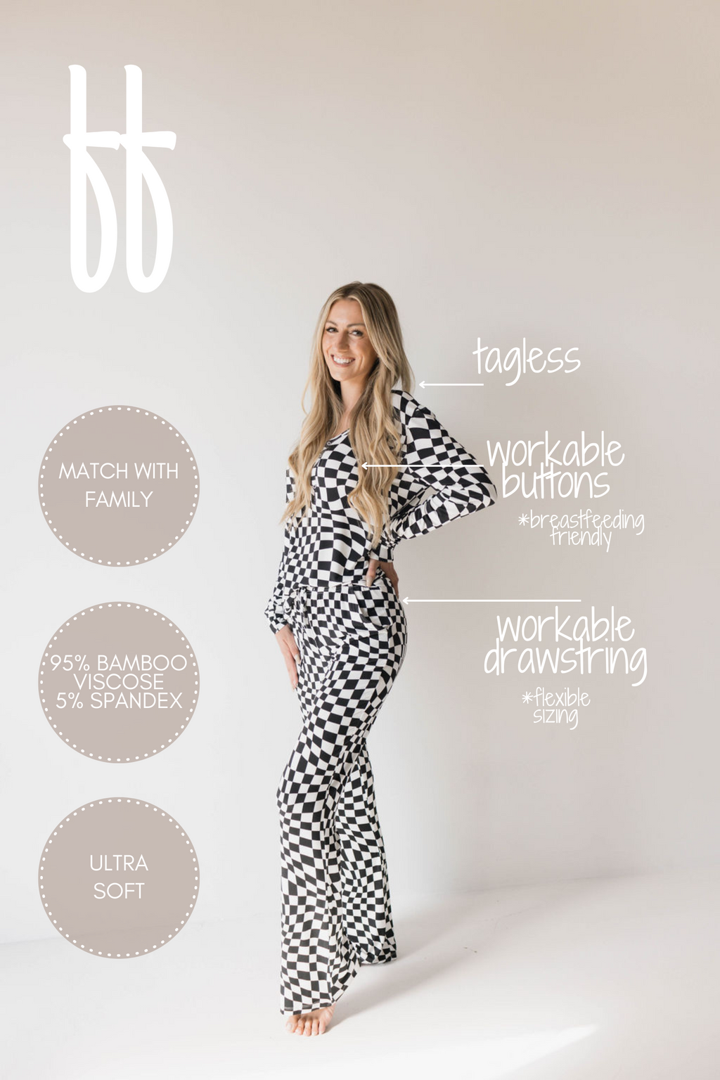 Women's Bamboo Pajama | Black & White Wavy Checkerboard