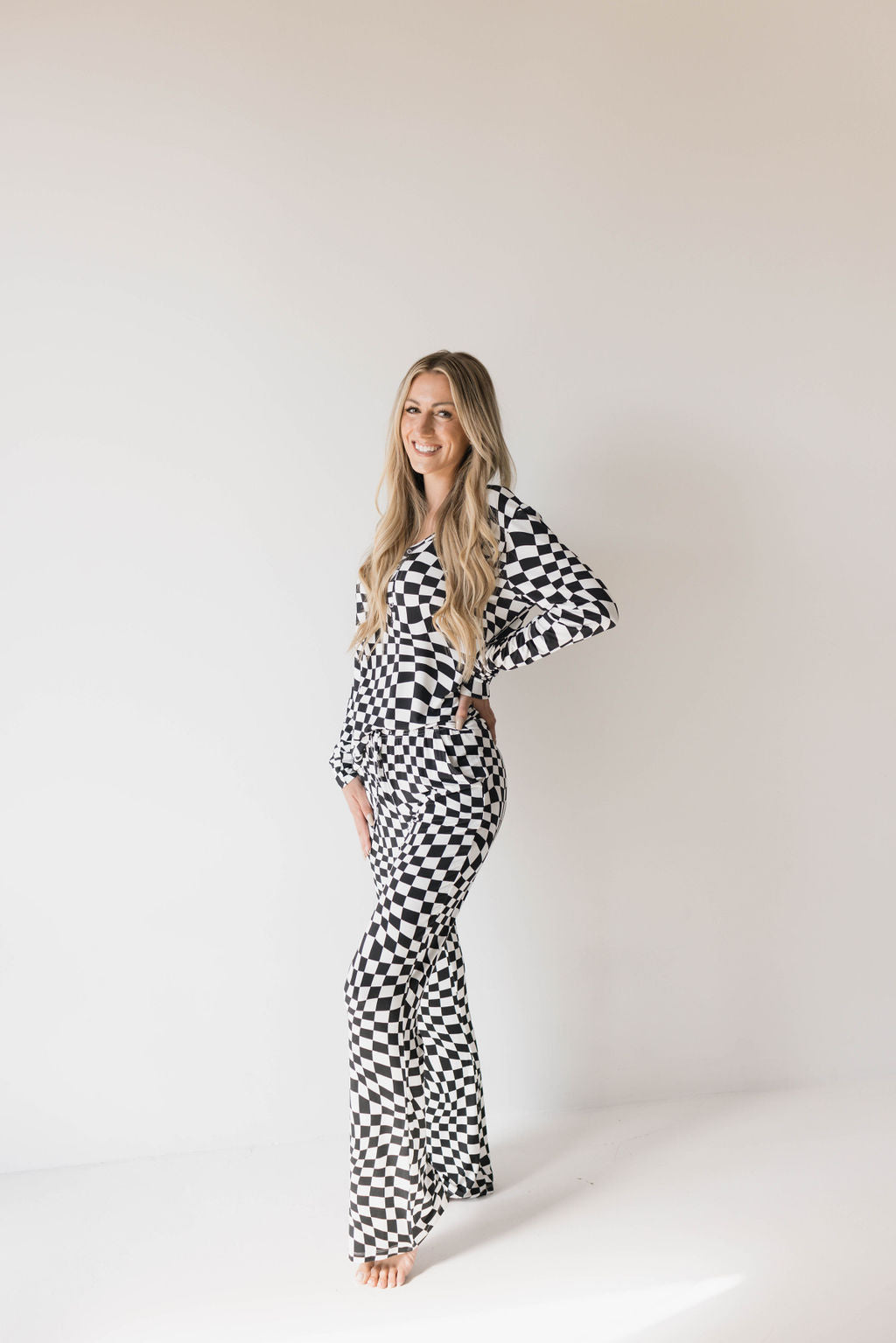Women's Bamboo Pajama | Black & White Wavy Checkerboard