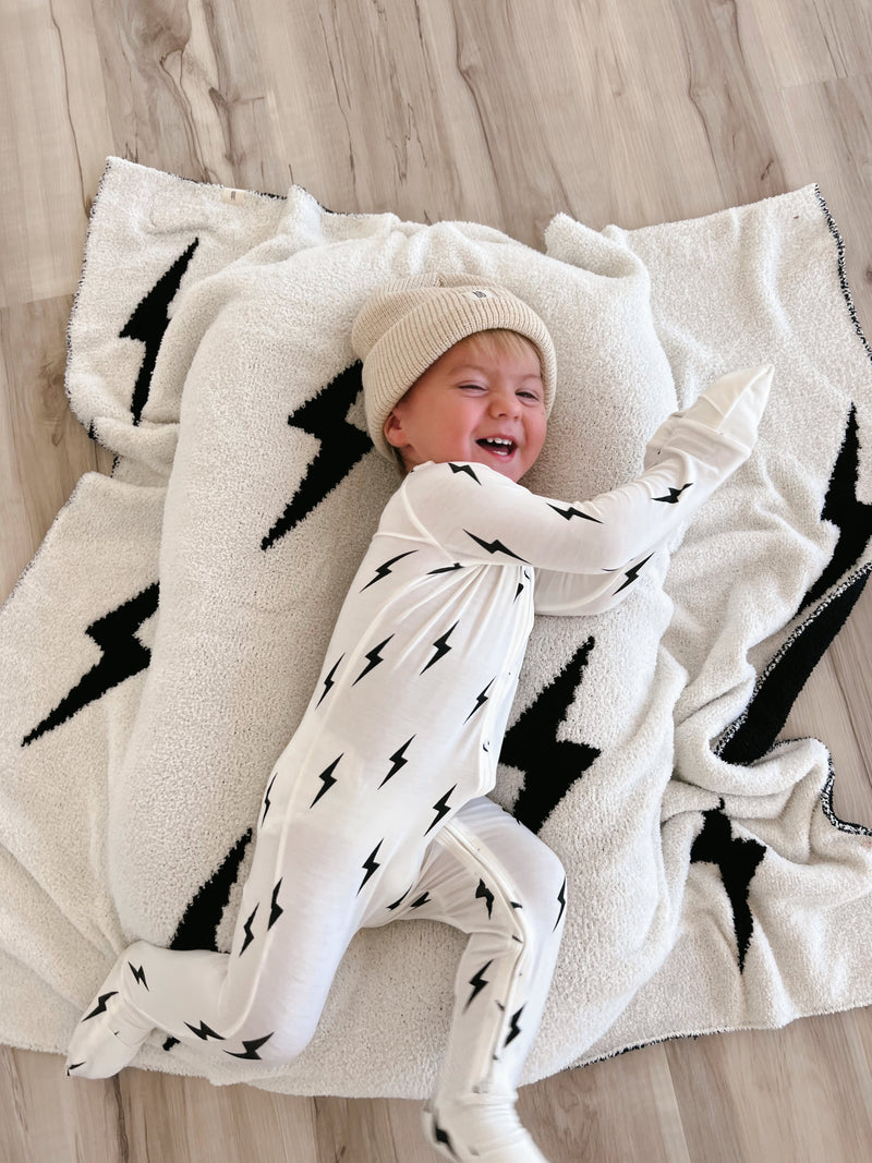 White & Black Lightning  Bolt | Bamboo Zip Pajamas