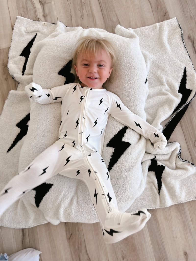 White & Black Lightning  Bolt | Bamboo Zip Pajamas