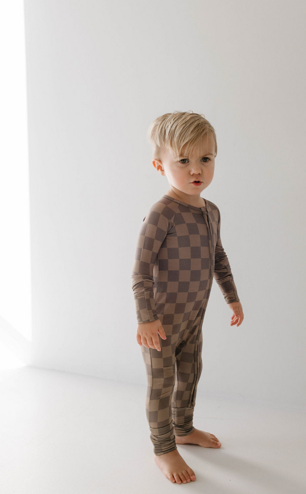 Faded Brown Checkerboard  | Bamboo Zip Pajamas