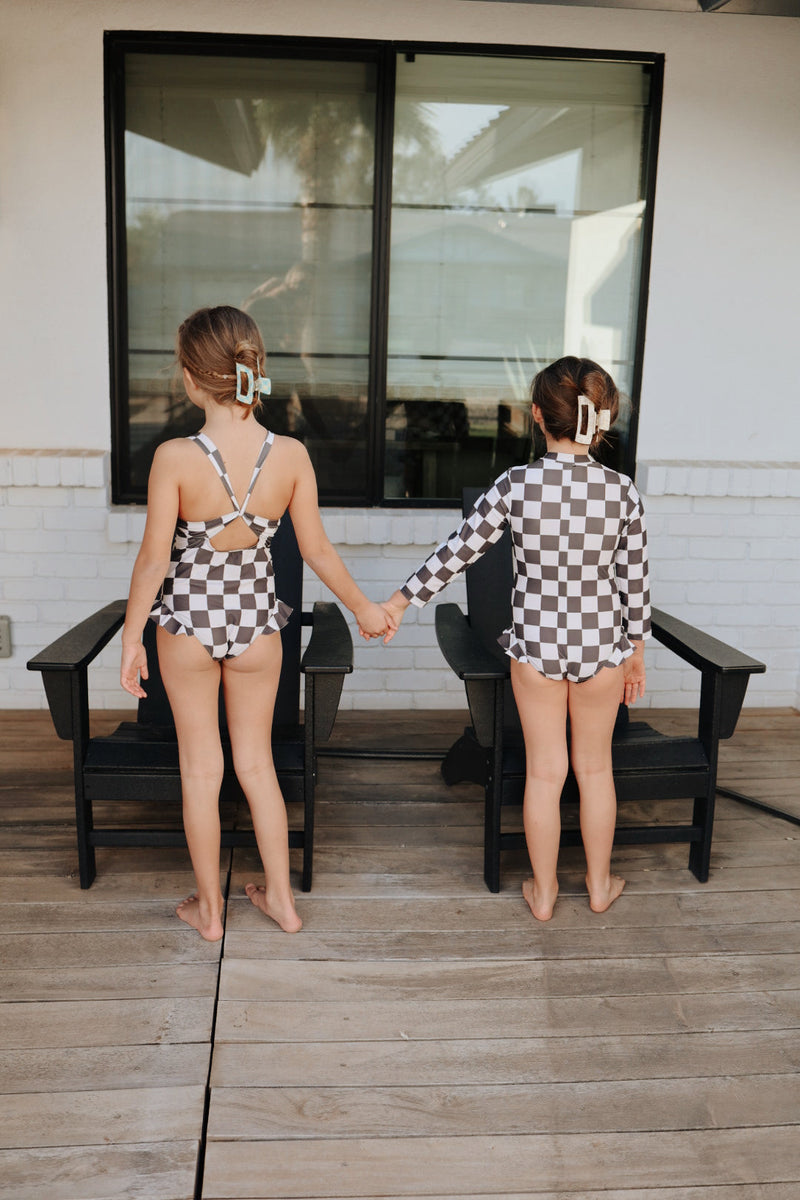 Black Checkerboard | Girl Long Sleeve Swimsuit