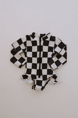 Black Checkerboard | Girl Long Sleeve Swimsuit