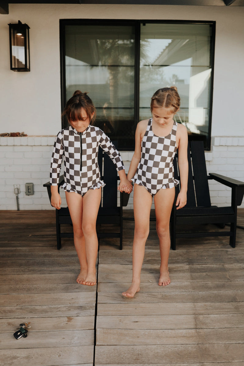 Black Checkerboard | Girl Long Sleeve Swimsuit